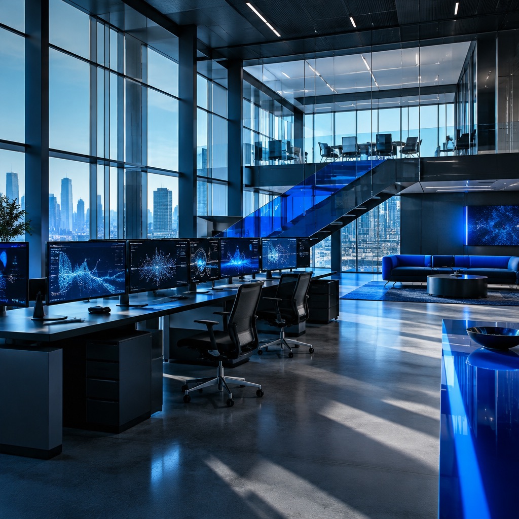 Modern glass and steel technology workspace